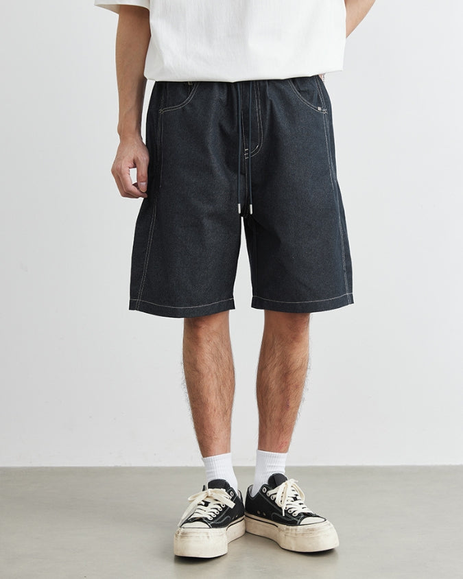 شورت جينز عريض مسترخي واسع بأربطة