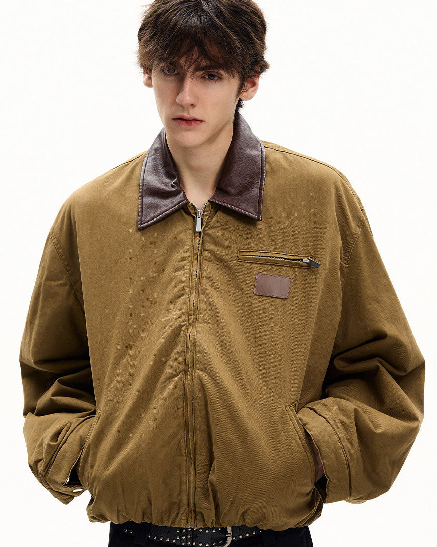 Cotton Canvas Leather Collar Jacket