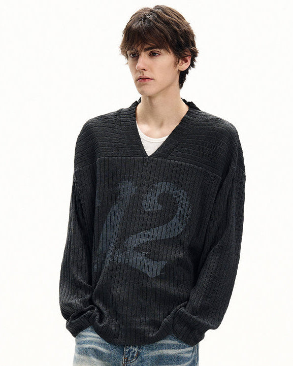 Ribbed Graphic V-Neck Sweater