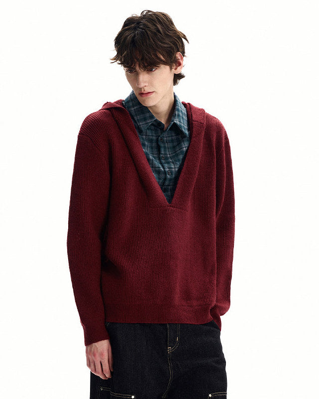 Relaxed Style Knit Hooded Pullover