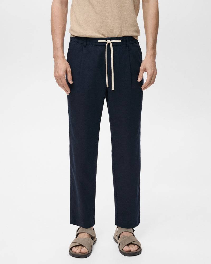 Cotton and linen blend trousers with drawstrings - navy