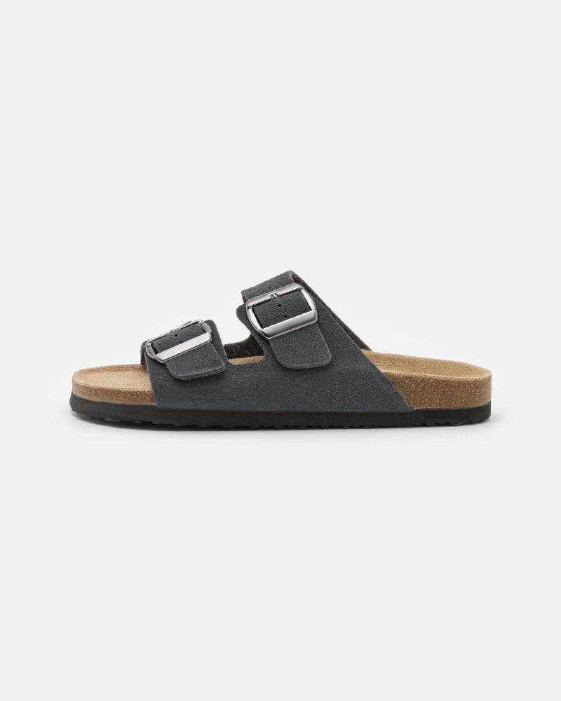 Double-Buckle Suede Sandals - Charcoal