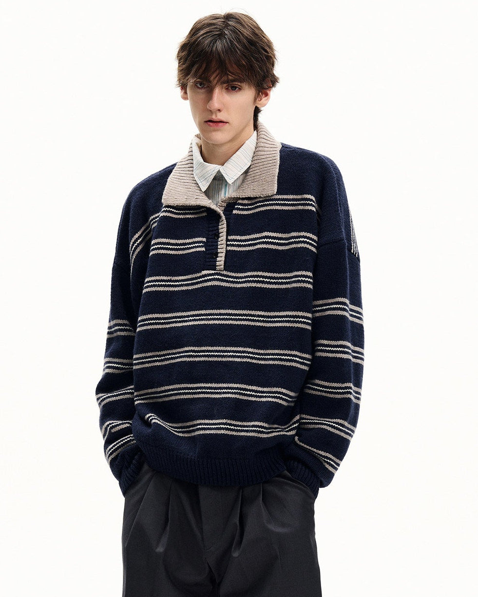 Striped Wool Cotton Polo Sweater