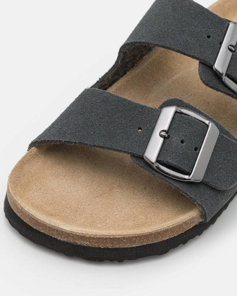 Double-Buckle Suede Sandals - Charcoal