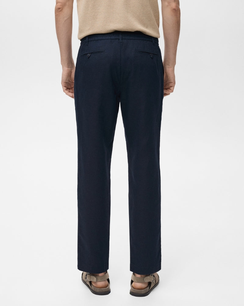 Pantalon en coton et lin mélangés avec cordons de serrage - marine
