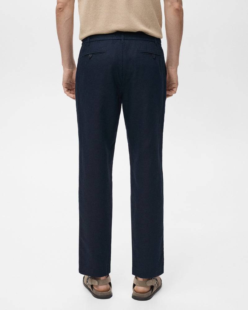 Cotton and linen blend trousers with drawstrings - navy