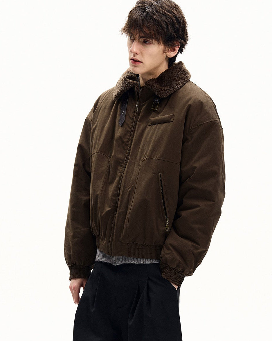 Shearling Collar Canvas Bomber Jacket