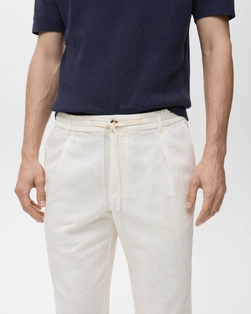 Cotton and linen blend trousers with drawstrings - oatmeal
