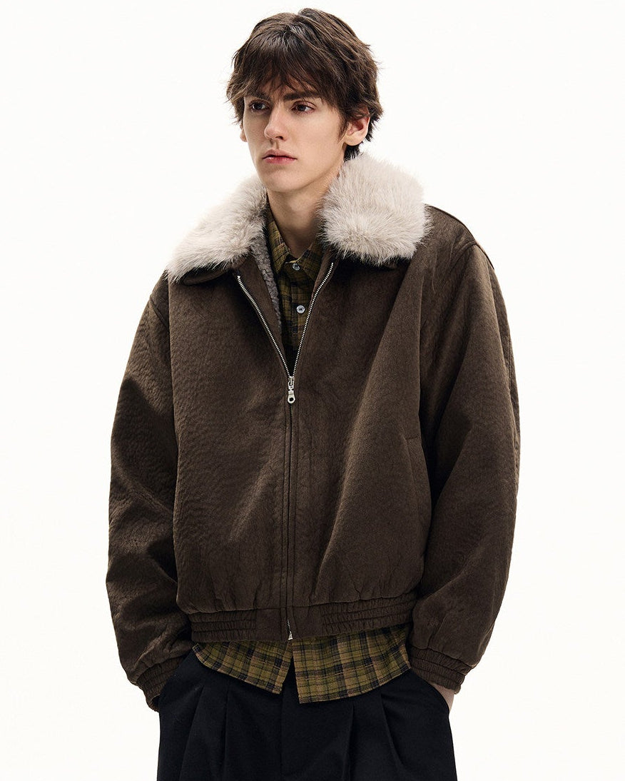 Textured Nylon Faux Fur Collar Jacket