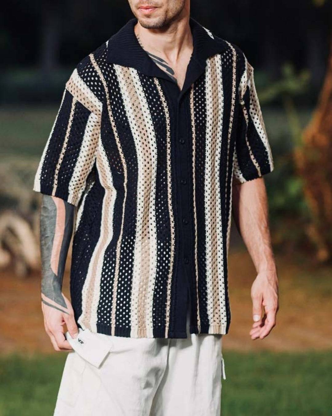 Monochrome Open‑Knit Stripe Shirt