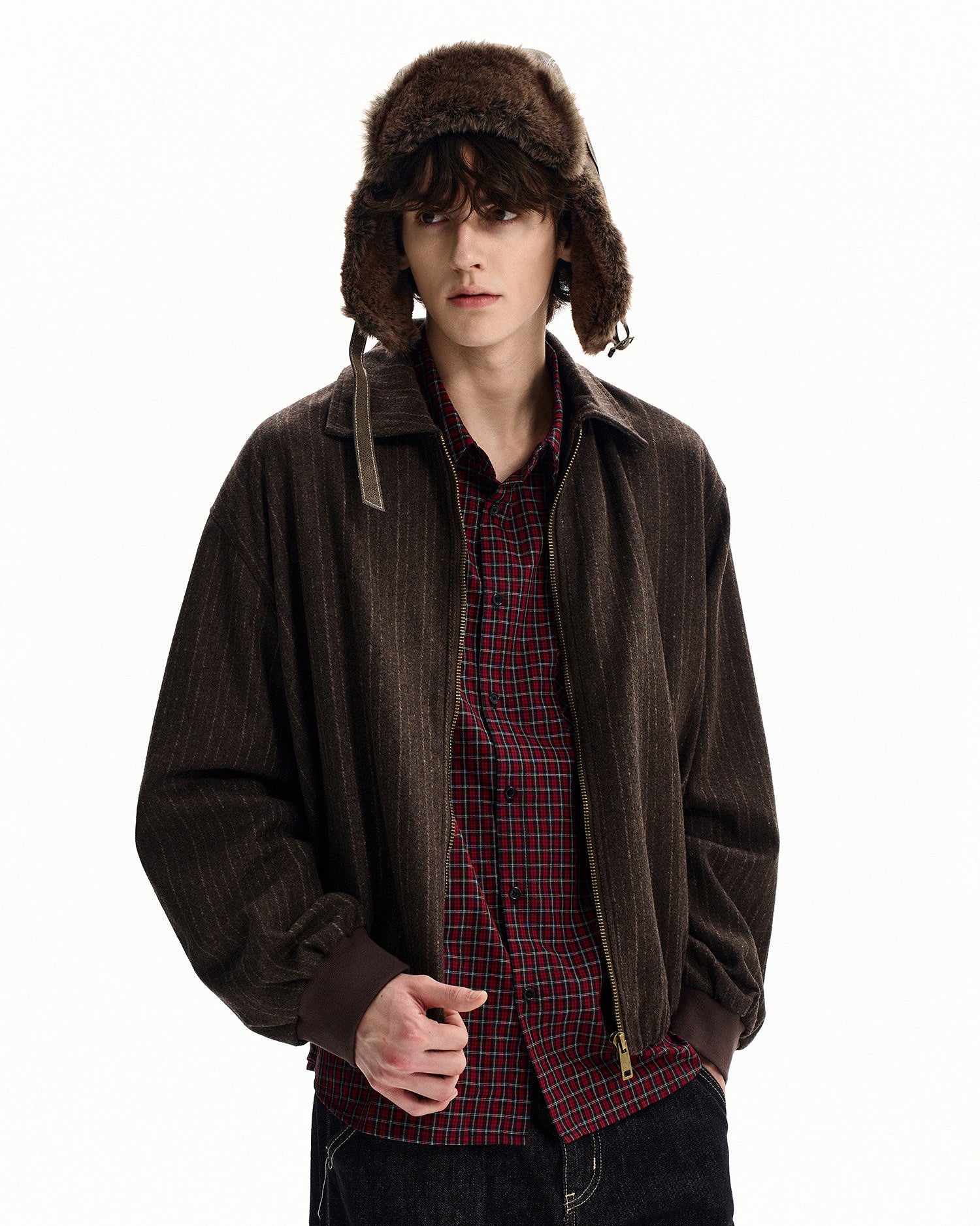 Wool Blend Pinstripe Zip Jacket