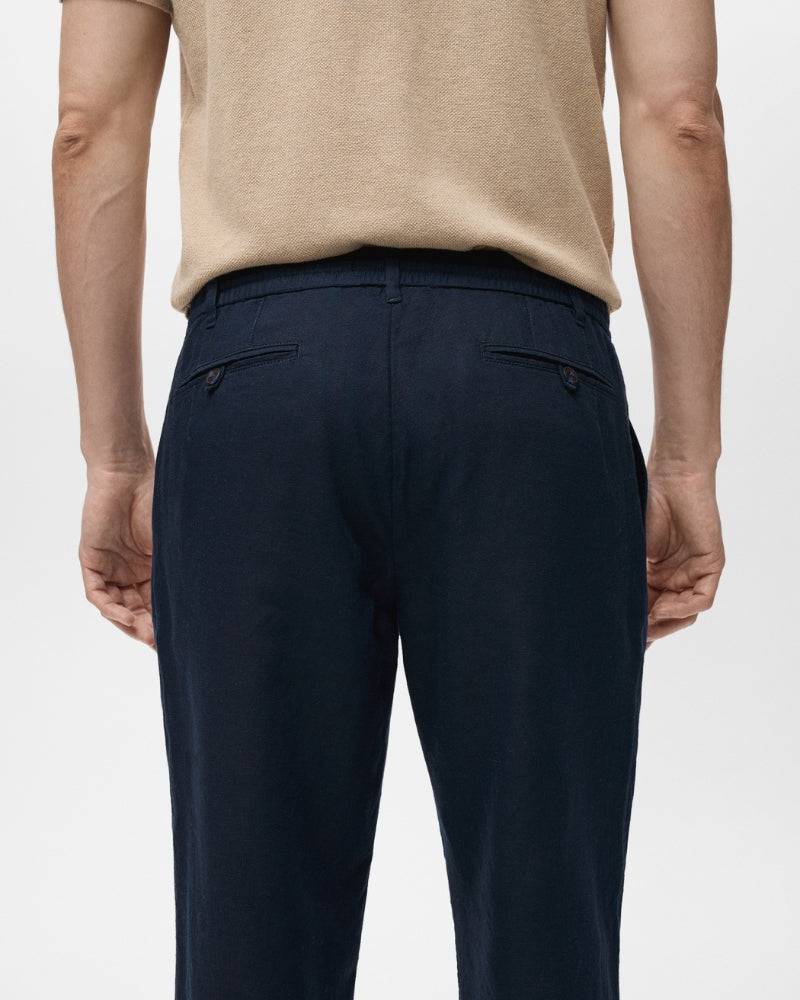 Cotton and linen blend trousers with drawstrings - navy