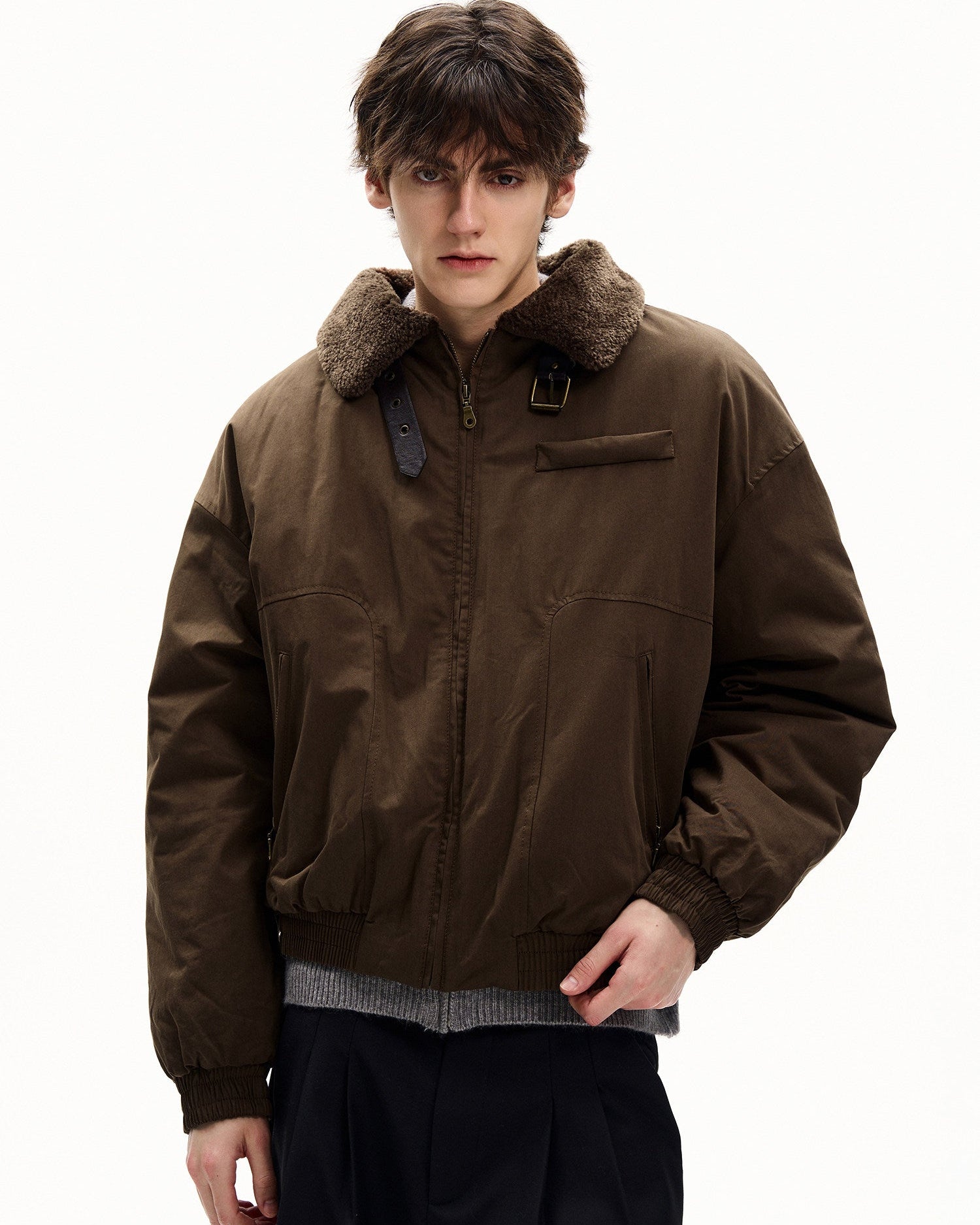 Shearling Collar Canvas Bomber Jacket