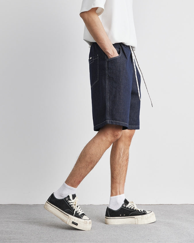 Dunkle Indigo-Waschung Denim Short mit Kordelzug