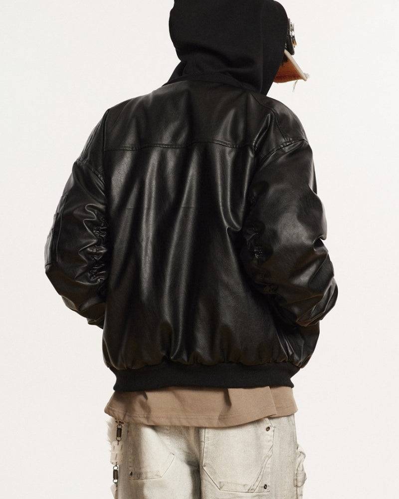 Relaxed Leather ANSWER ME Embroided Bomber Jacket