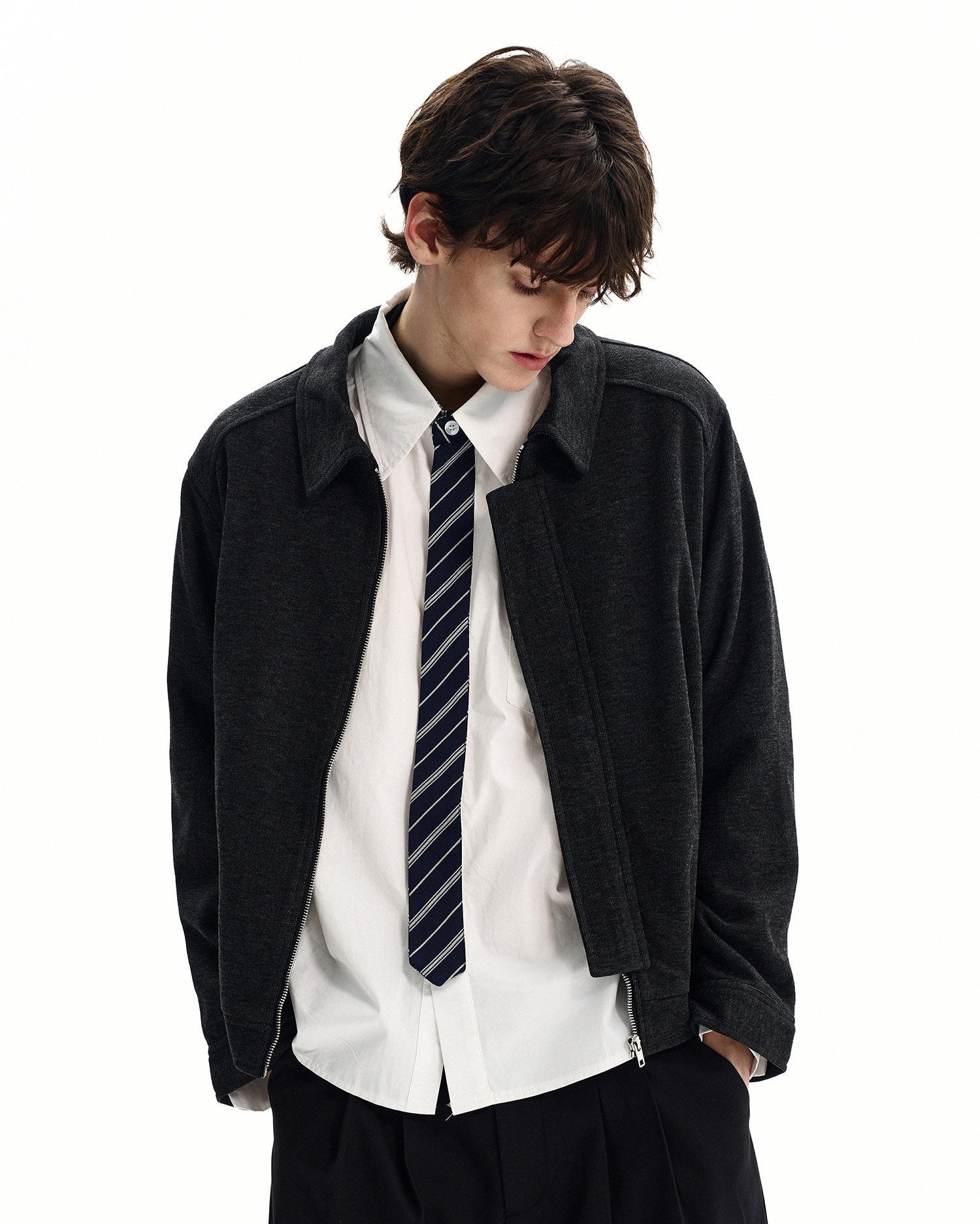 Collared Textured Cotton Zip Jacket