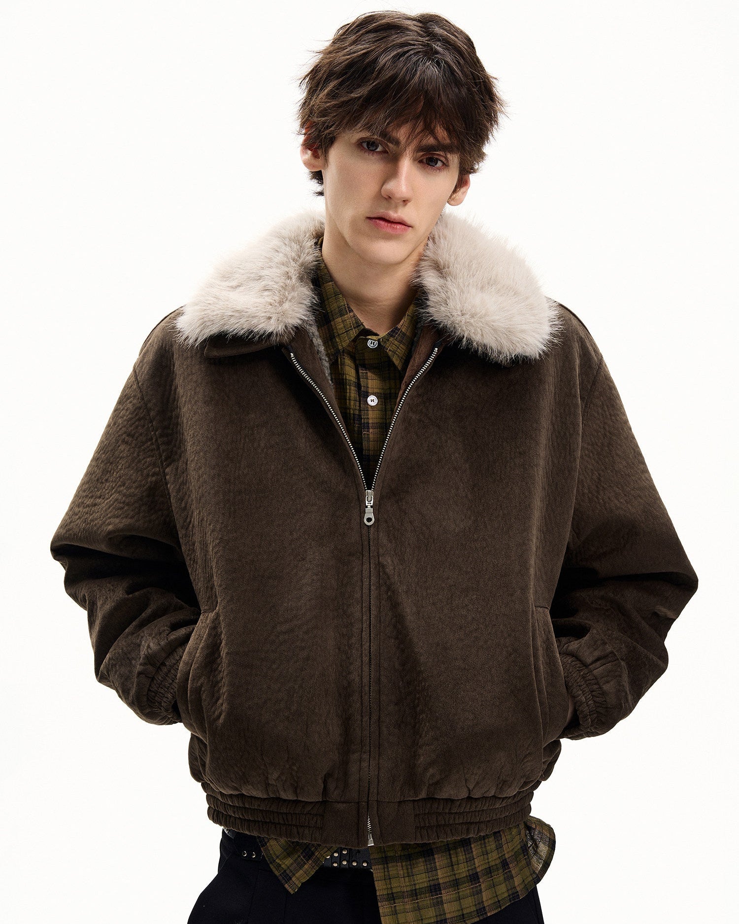 Textured Nylon Faux Fur Collar Jacket