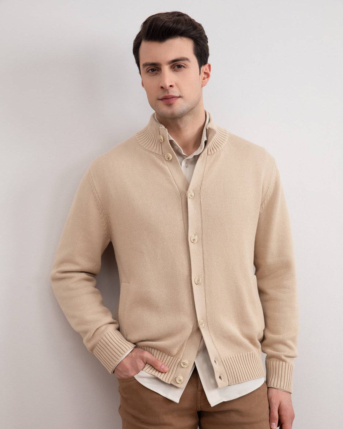 Beige Ribbed Button Closure With Pockets Cardigan - Tour&Tate