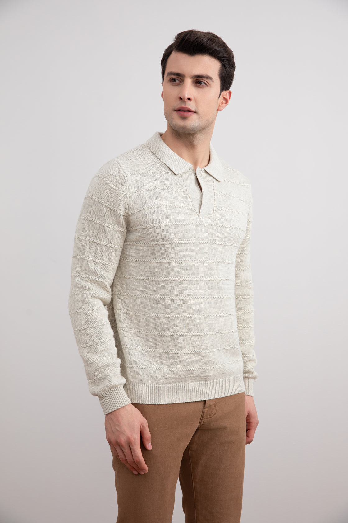 Beige Mélange Knit Texture Open Polo Sweater