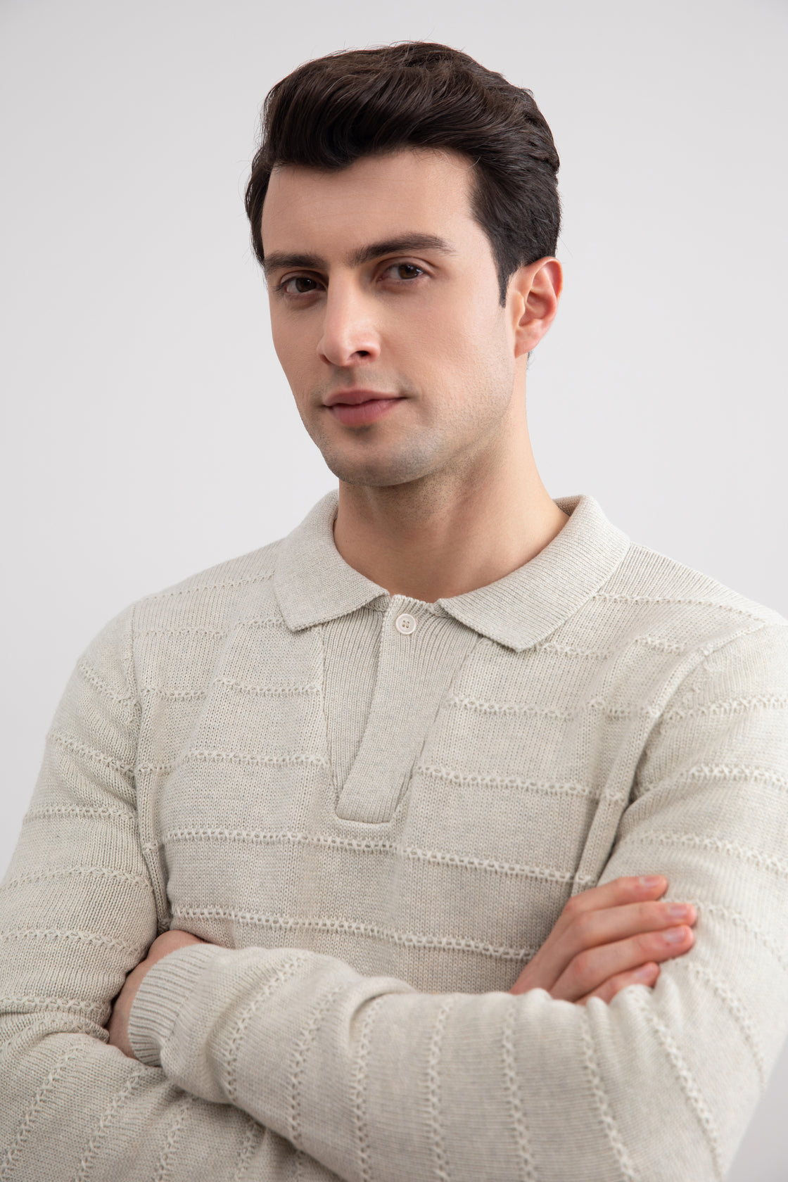 Beige Mélange Knit Texture Open Polo Sweater