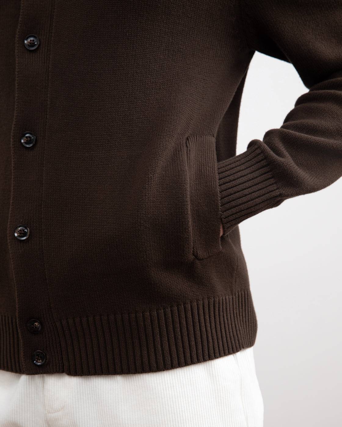 Brown Ribbed Button Closure With Pockets Cardigan - Tour&Tate