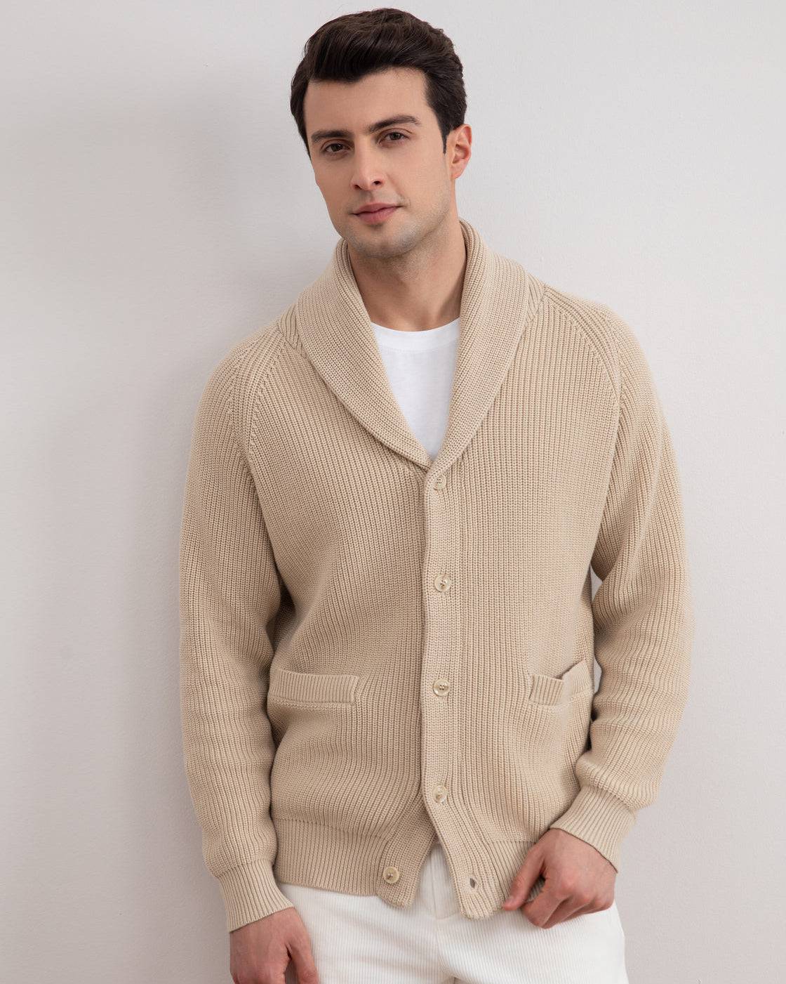 Beige Shawl-Collar Ribbed Cardigan - Tour&Tate