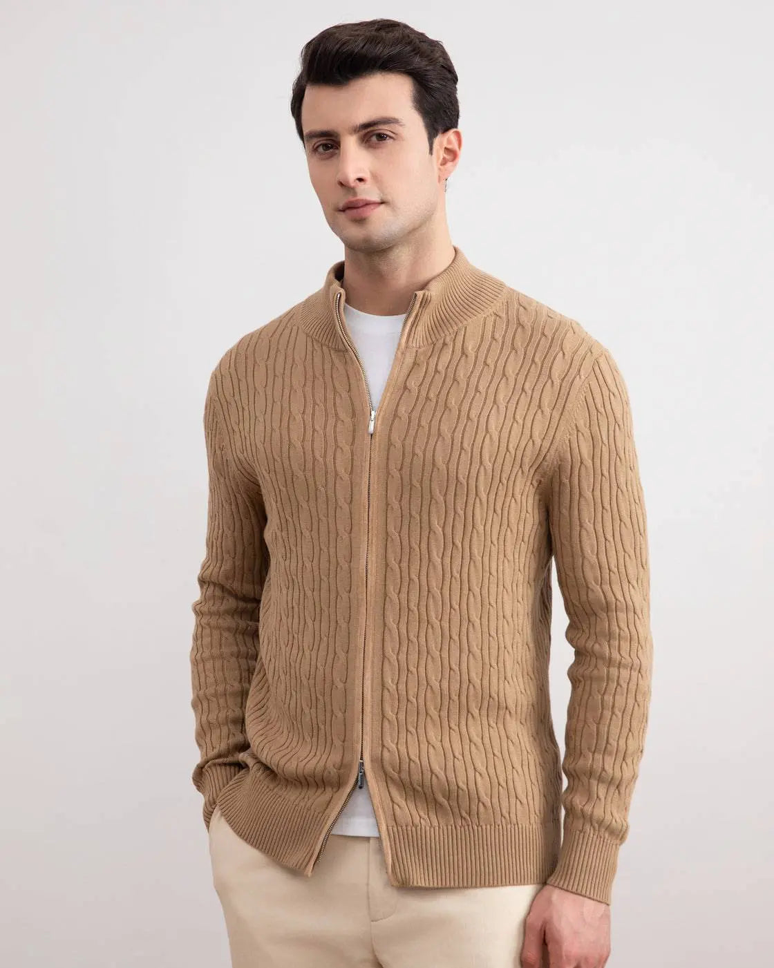 Tan Cable Knit full-zip Sweater - Tour&Tate
