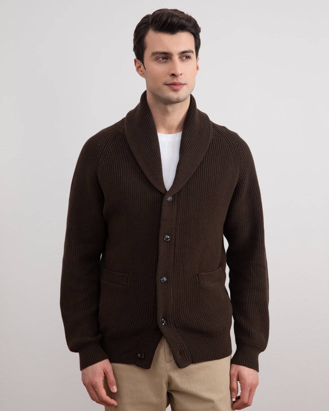 Brown Shawl-Collar Ribbed Cardigan - Tour&Tate