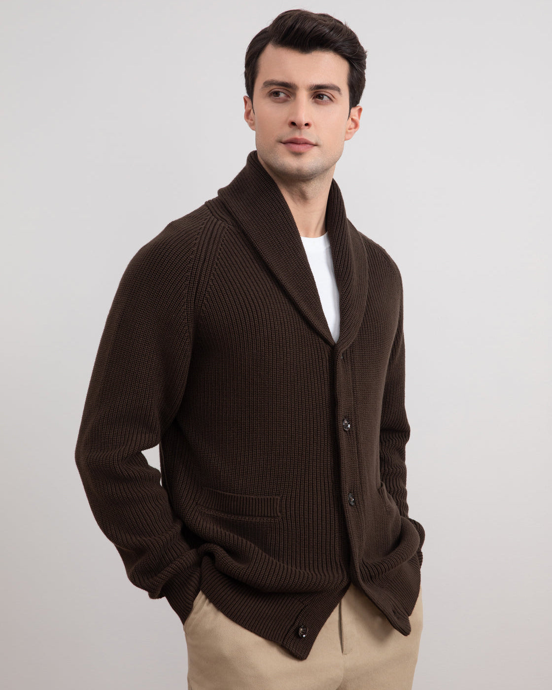 Brown Shawl-Collar Ribbed Cardigan