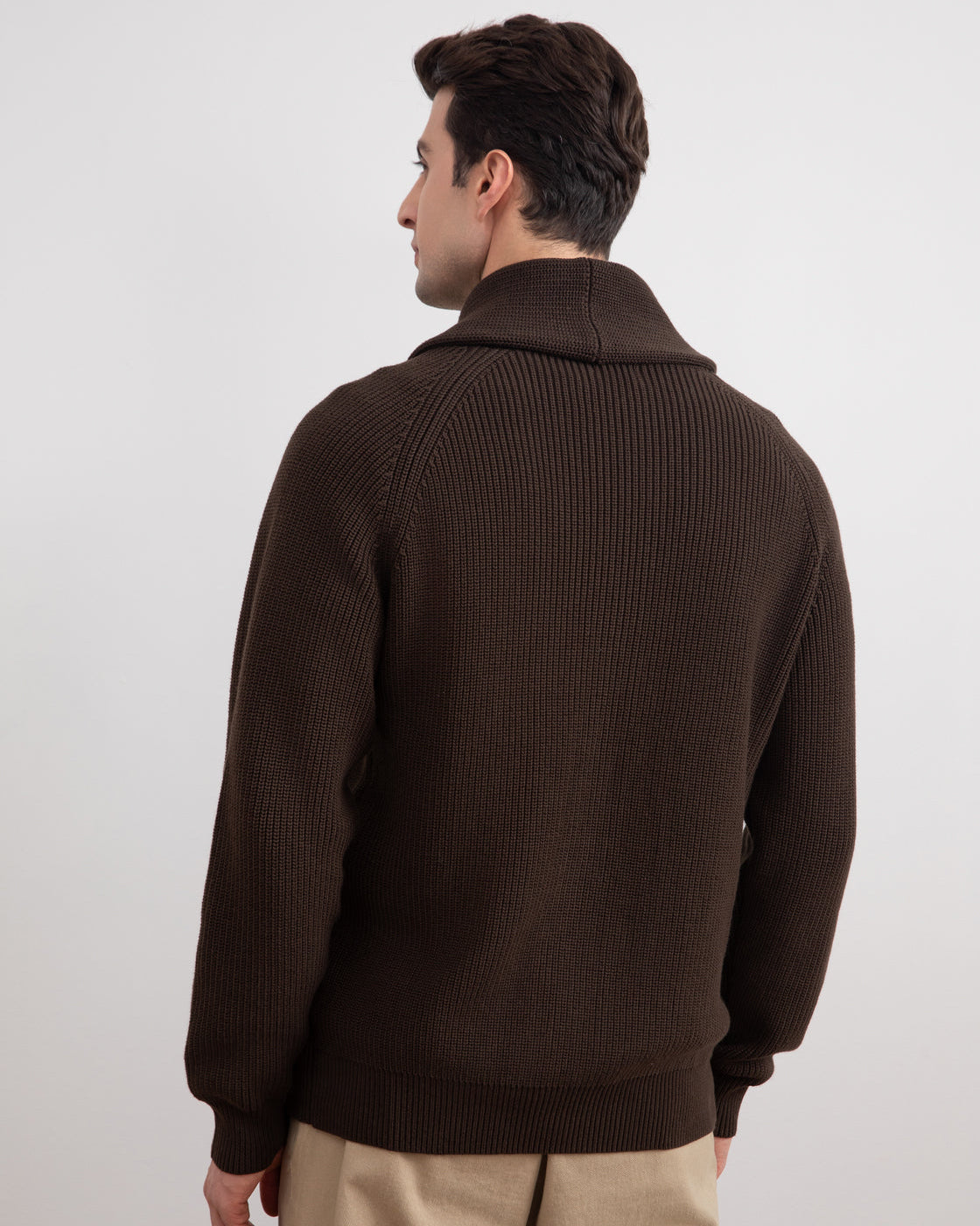 Brown Shawl-Collar Ribbed Cardigan