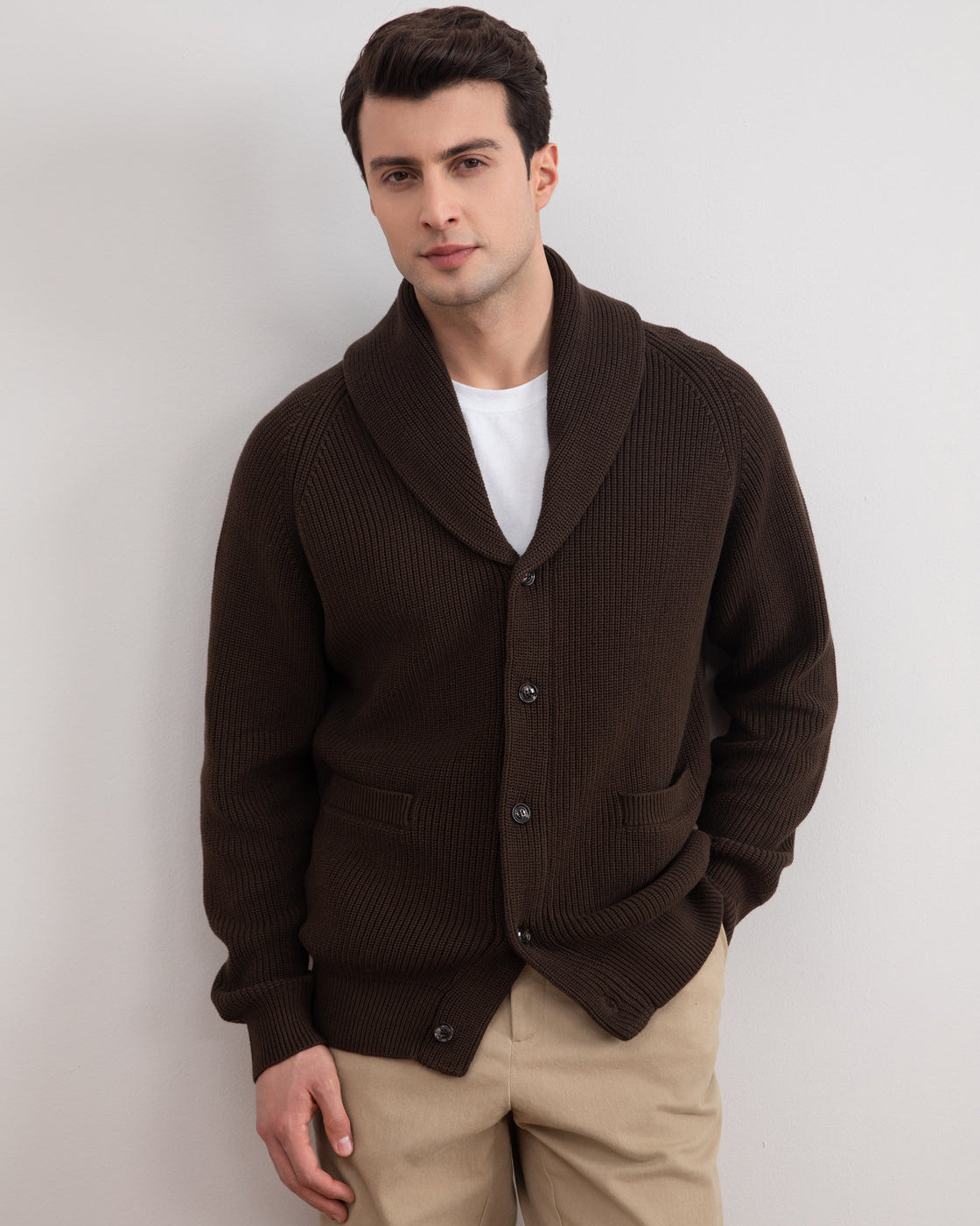 Brown Shawl-Collar Ribbed Cardigan