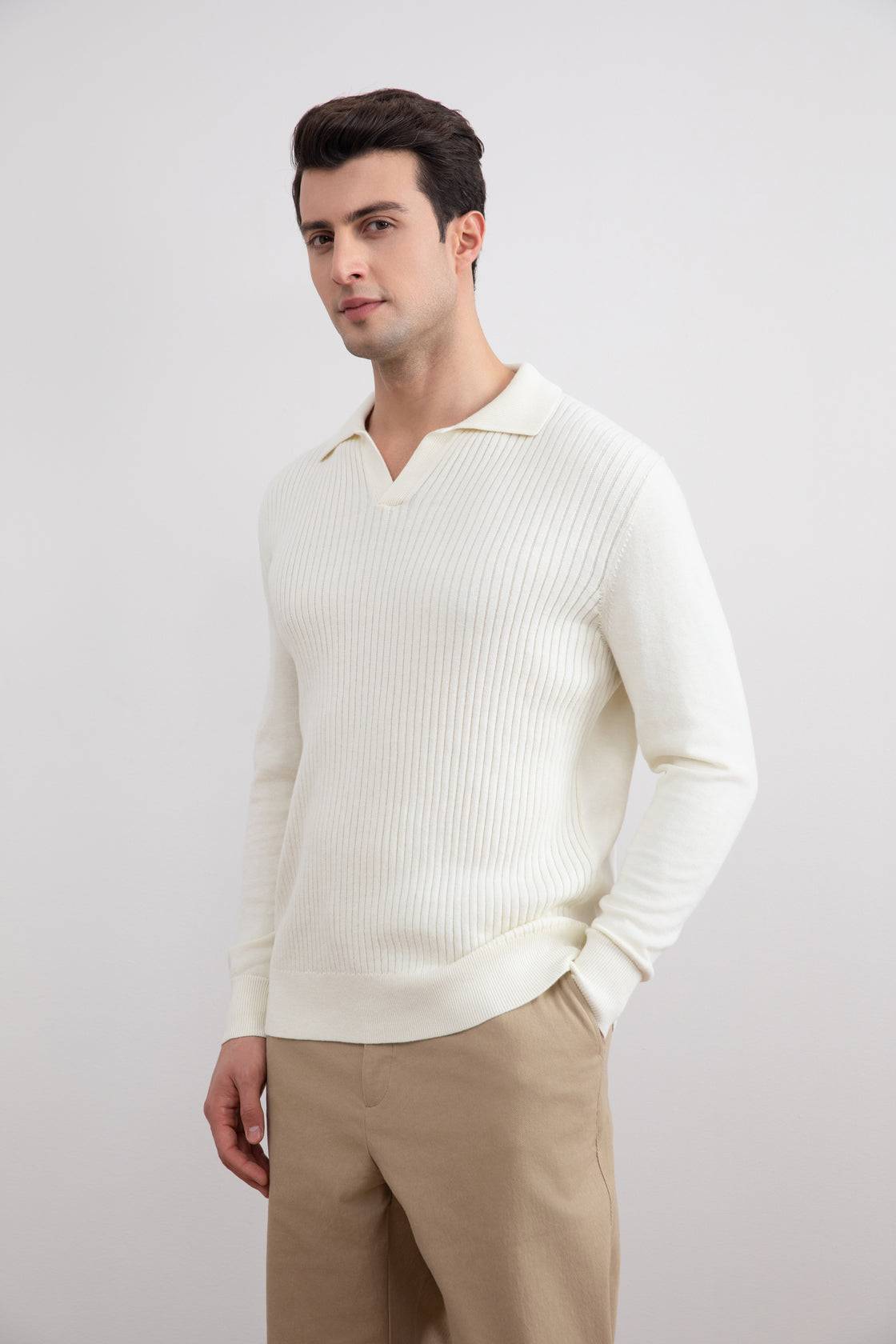 Off-White Striped Open Polo Shirt - Tour&Tate