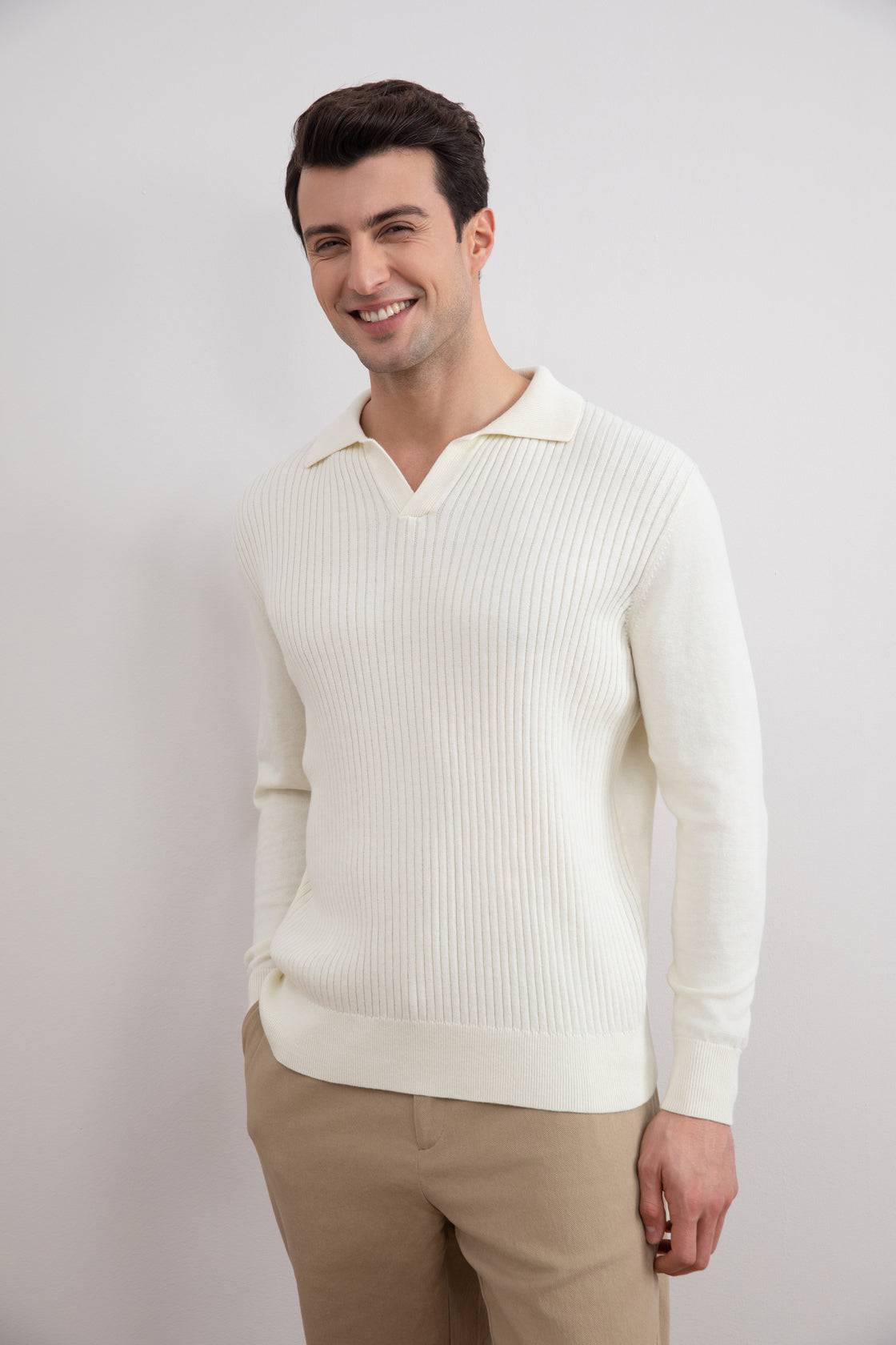 Off-White Striped Open Polo Shirt - Tour&Tate