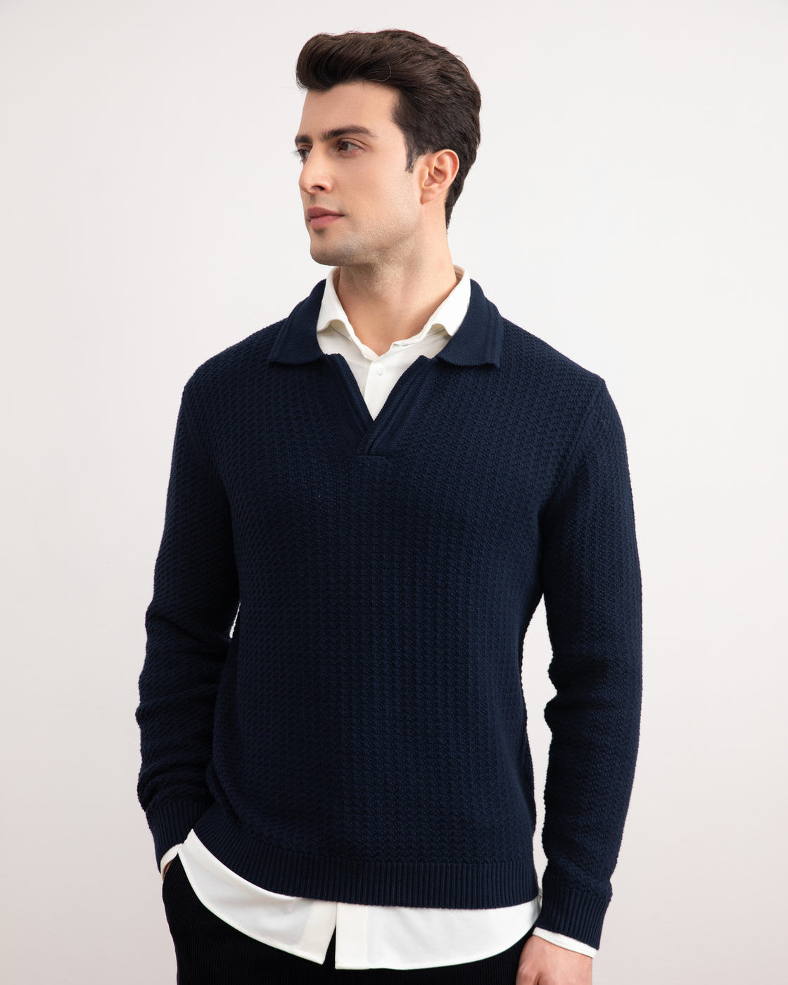 Navy Textured Open Polo Sweater