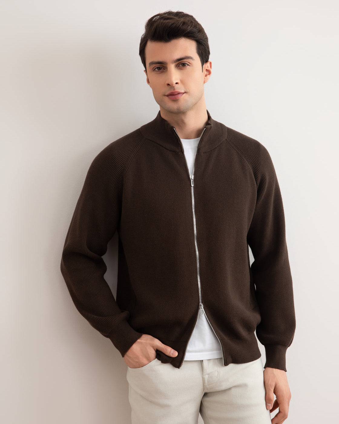Brown English Rib Full Zip Cardigan - Tour&Tate