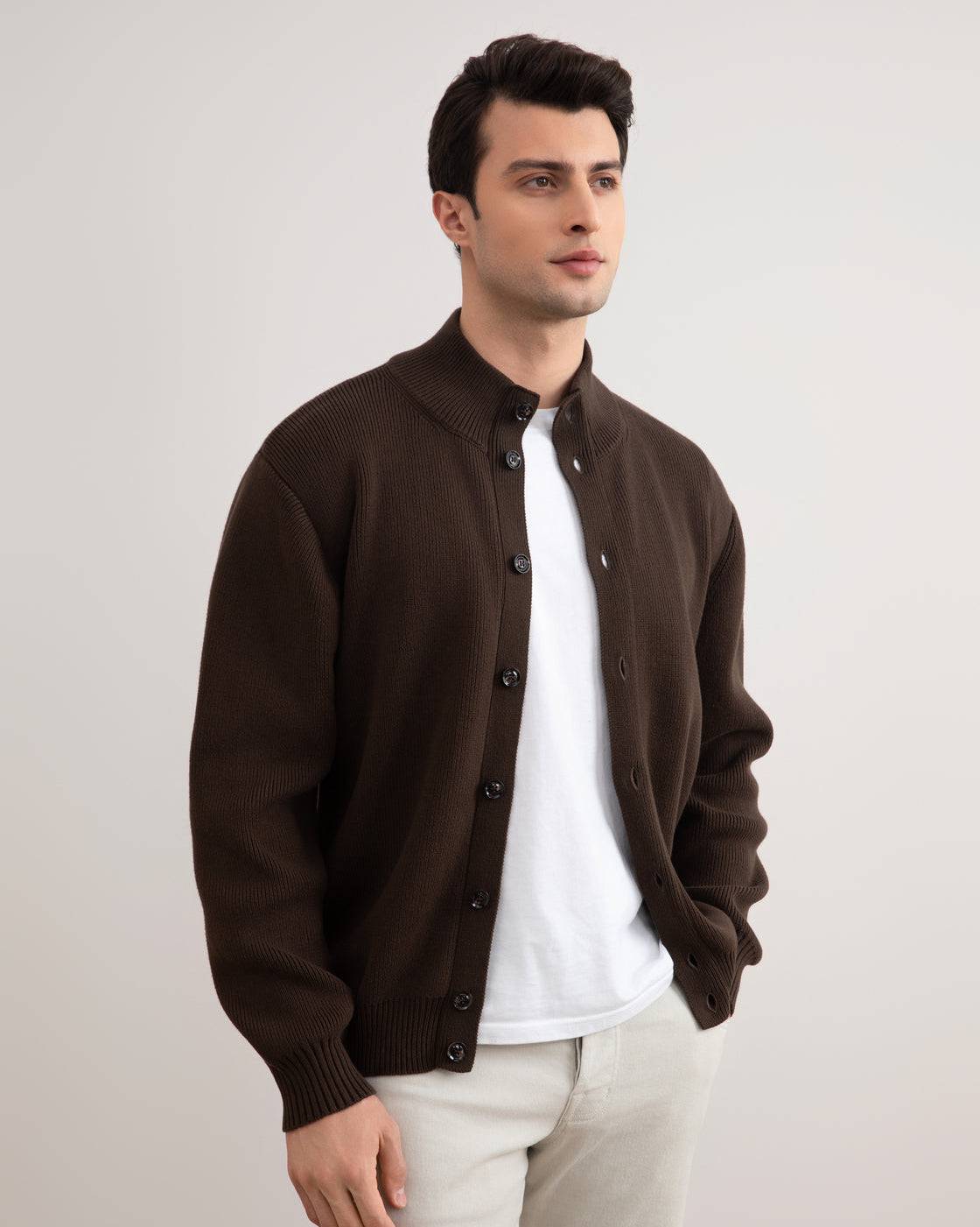 Brown Ribbed Button Closure Cardigan - Tour&Tate