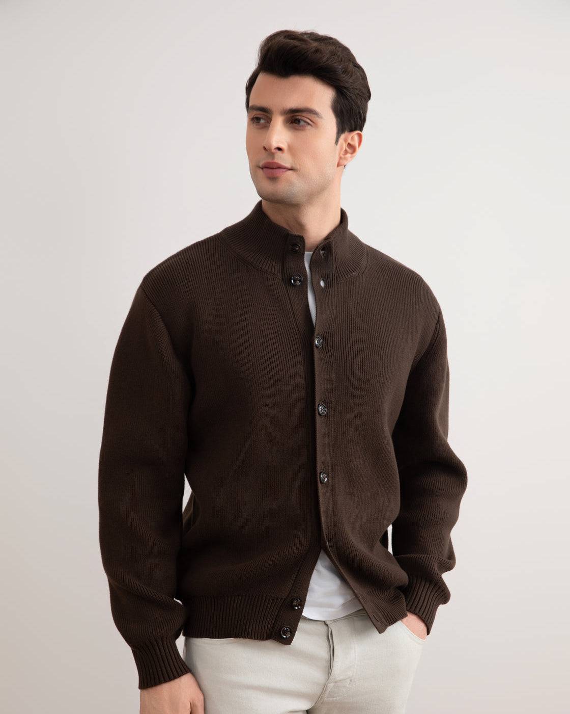 Brown Ribbed Button Closure Cardigan - Tour&Tate