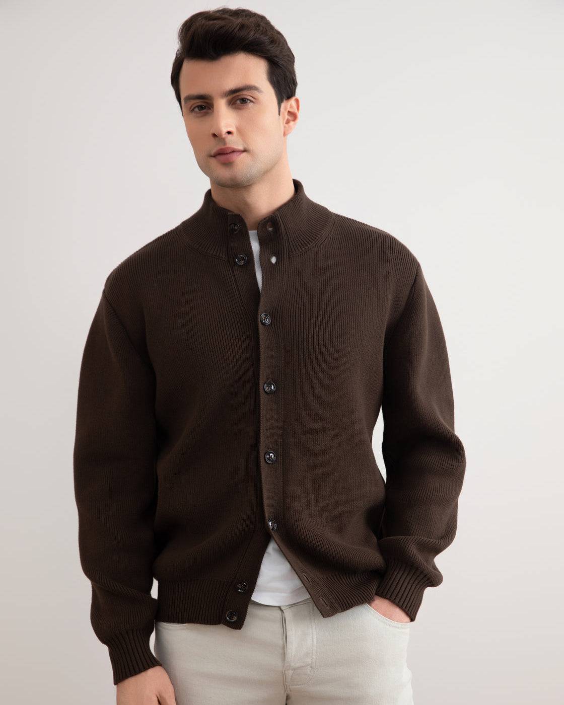 Brown Ribbed Button Closure Cardigan - Tour&Tate