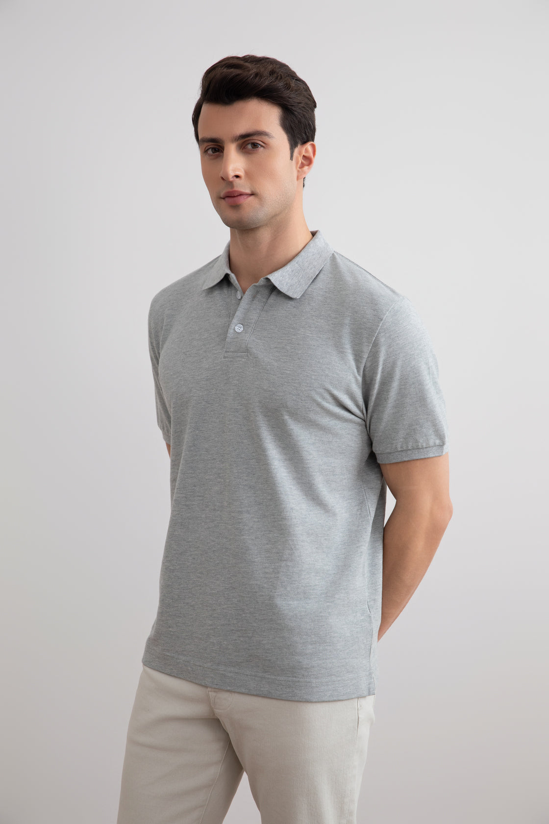 Grau meliertes Baumwoll-Piqué-Poloshirt