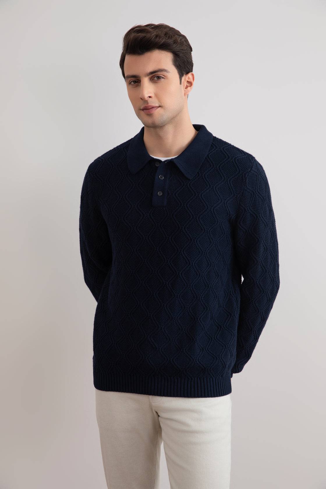 Navy Honeycomb Polo Sweater - Tour&Tate