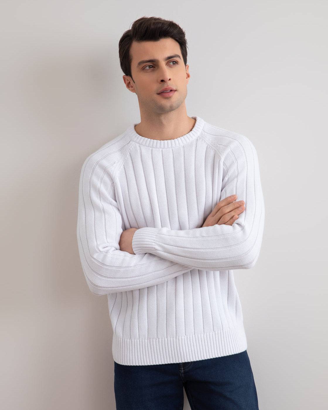 White Crewneck Rib knit sweater - Tour&Tate