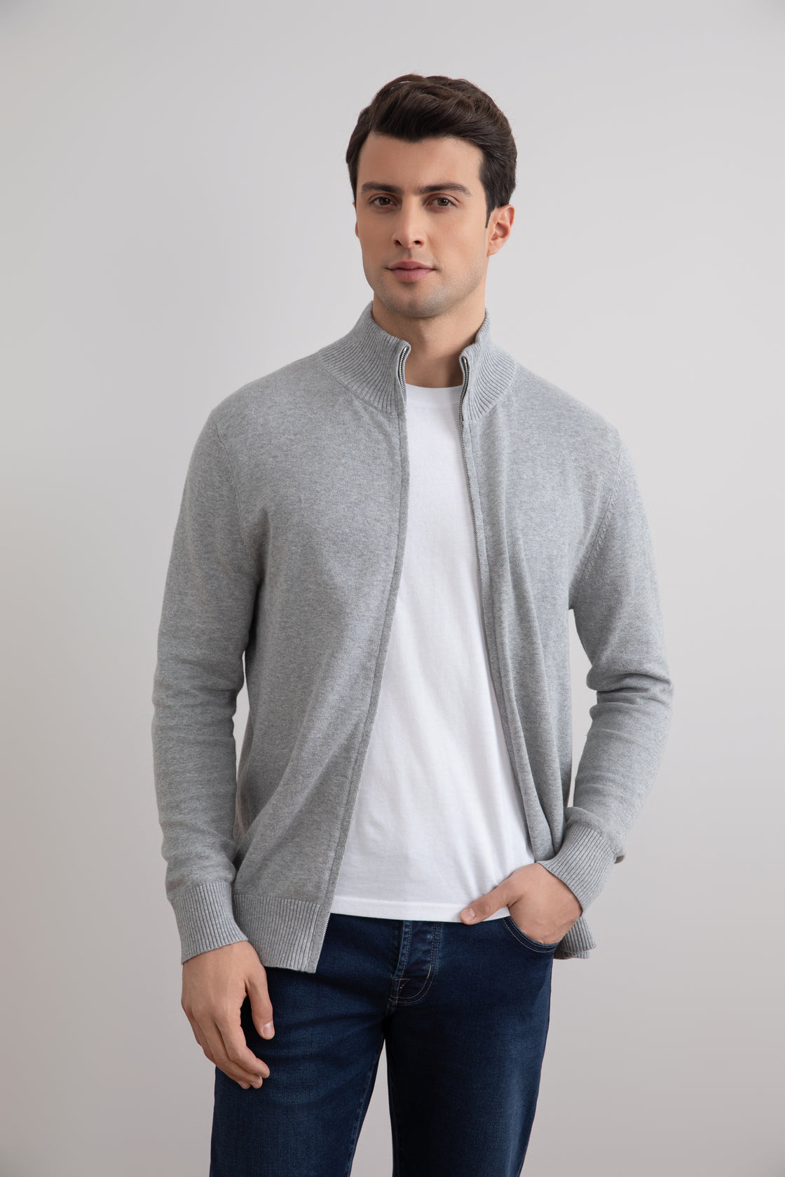 Grey Mélange Classic Zip-Up Cardigan