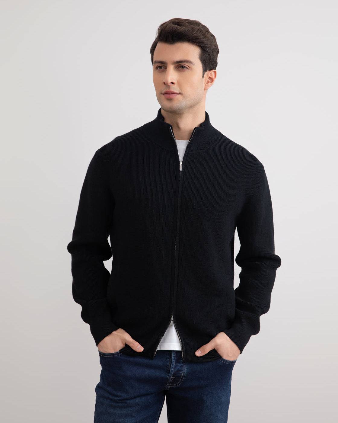 Black English Rib Full Zip Cardigan - Tour&Tate