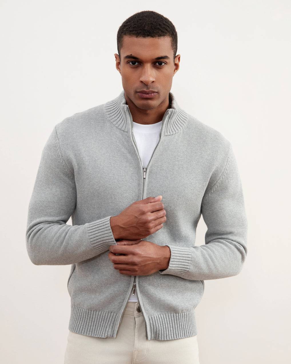 Grey Mélange Ribbed Zip-Up Sweater - Tour&Tate