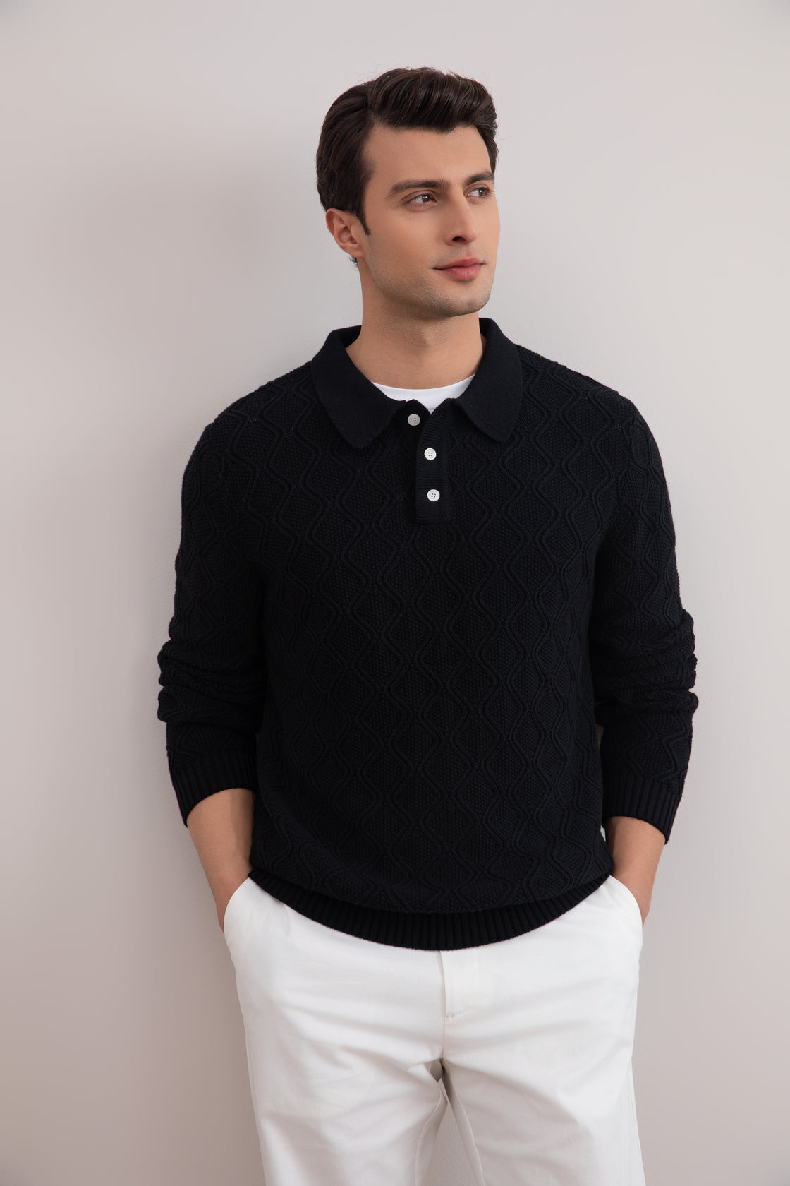 Black Honeycomb Polo Sweater