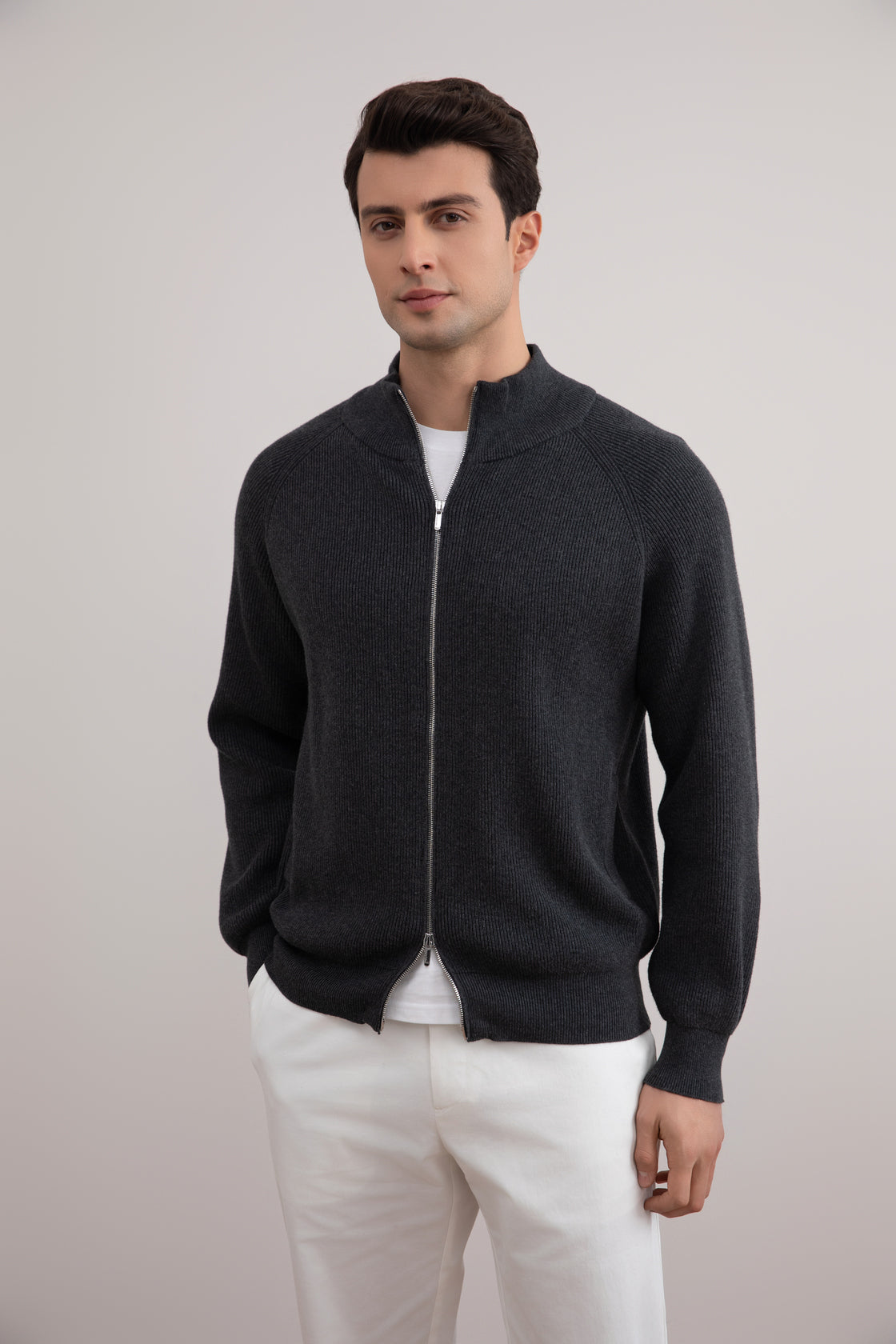 Dunkelgrauer Mélange English Rib Cardigan mit durchgehendem Reißverschluss