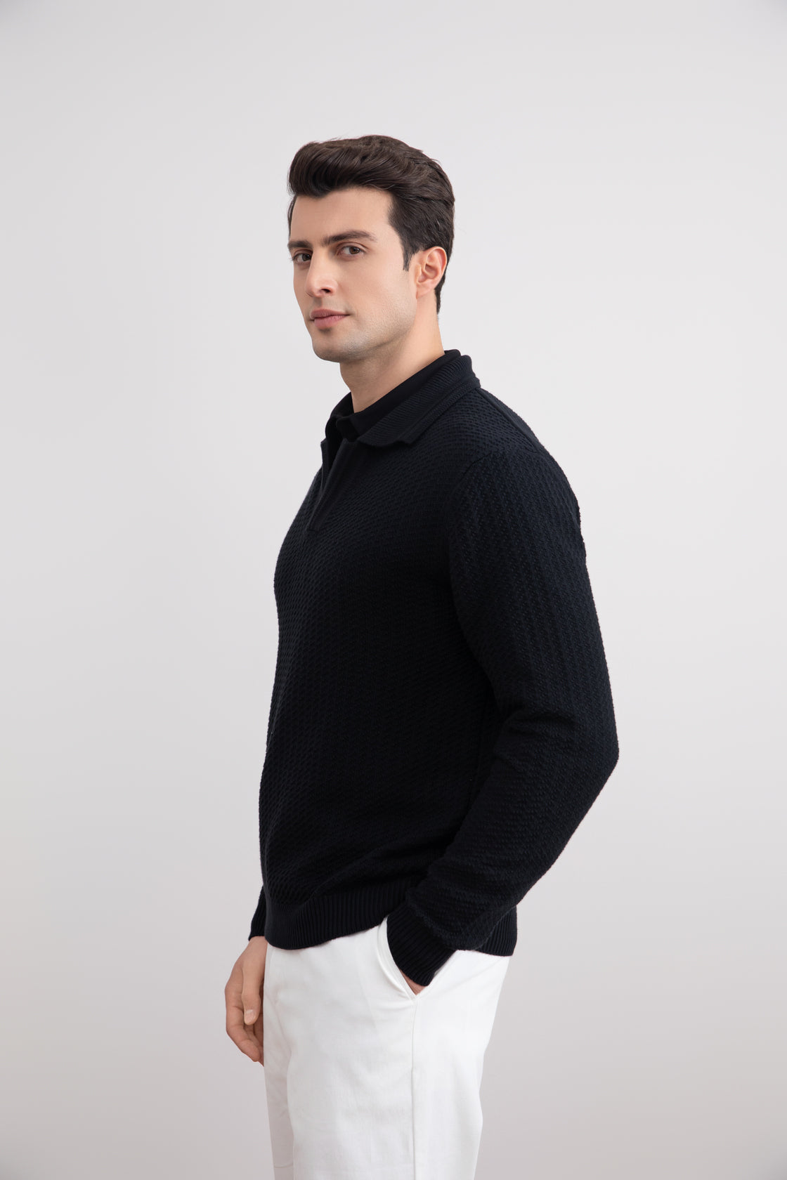 Black Textured Open Polo Sweater
