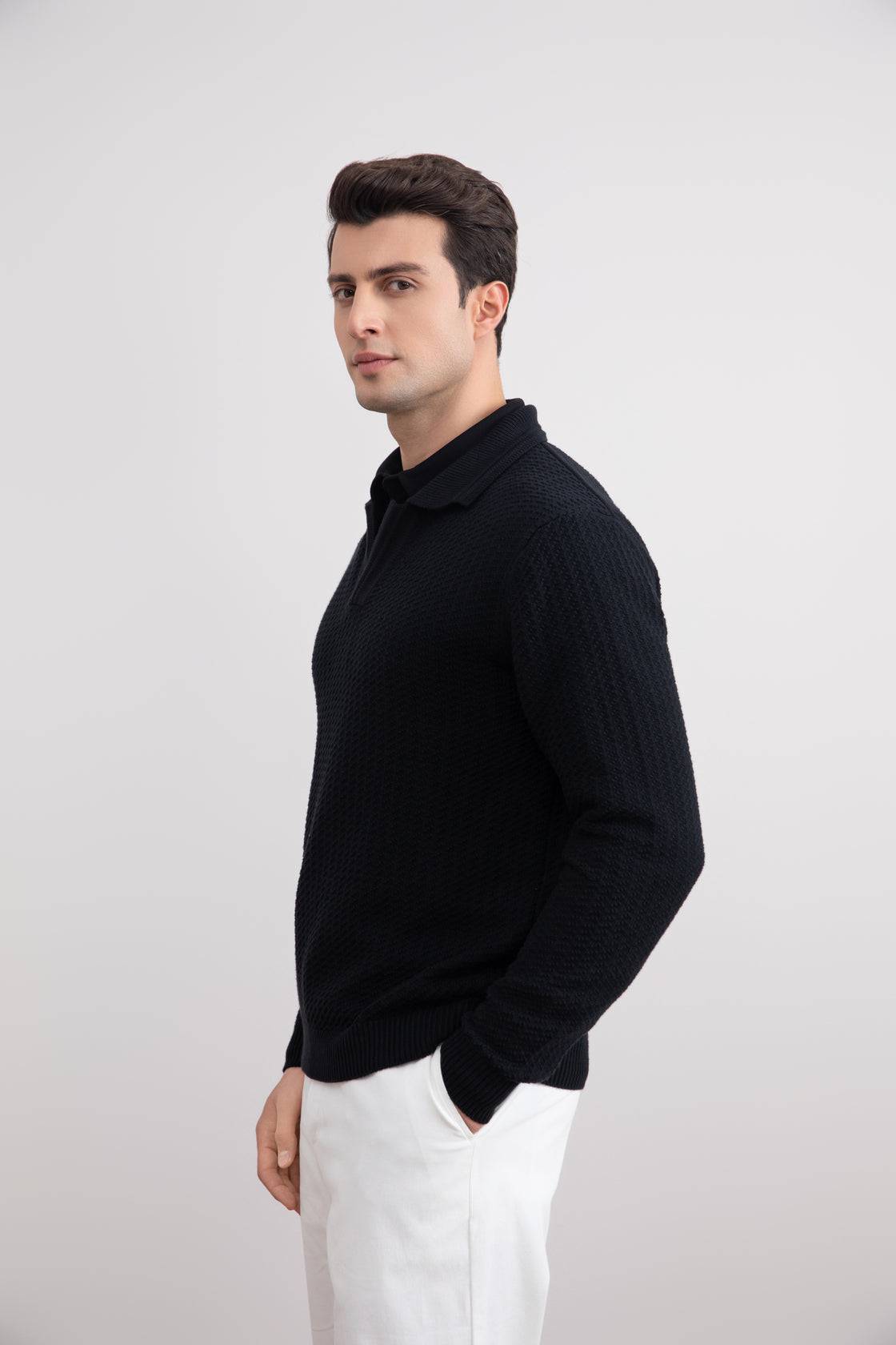 Black Textured Open Polo Sweater - Tour&Tate