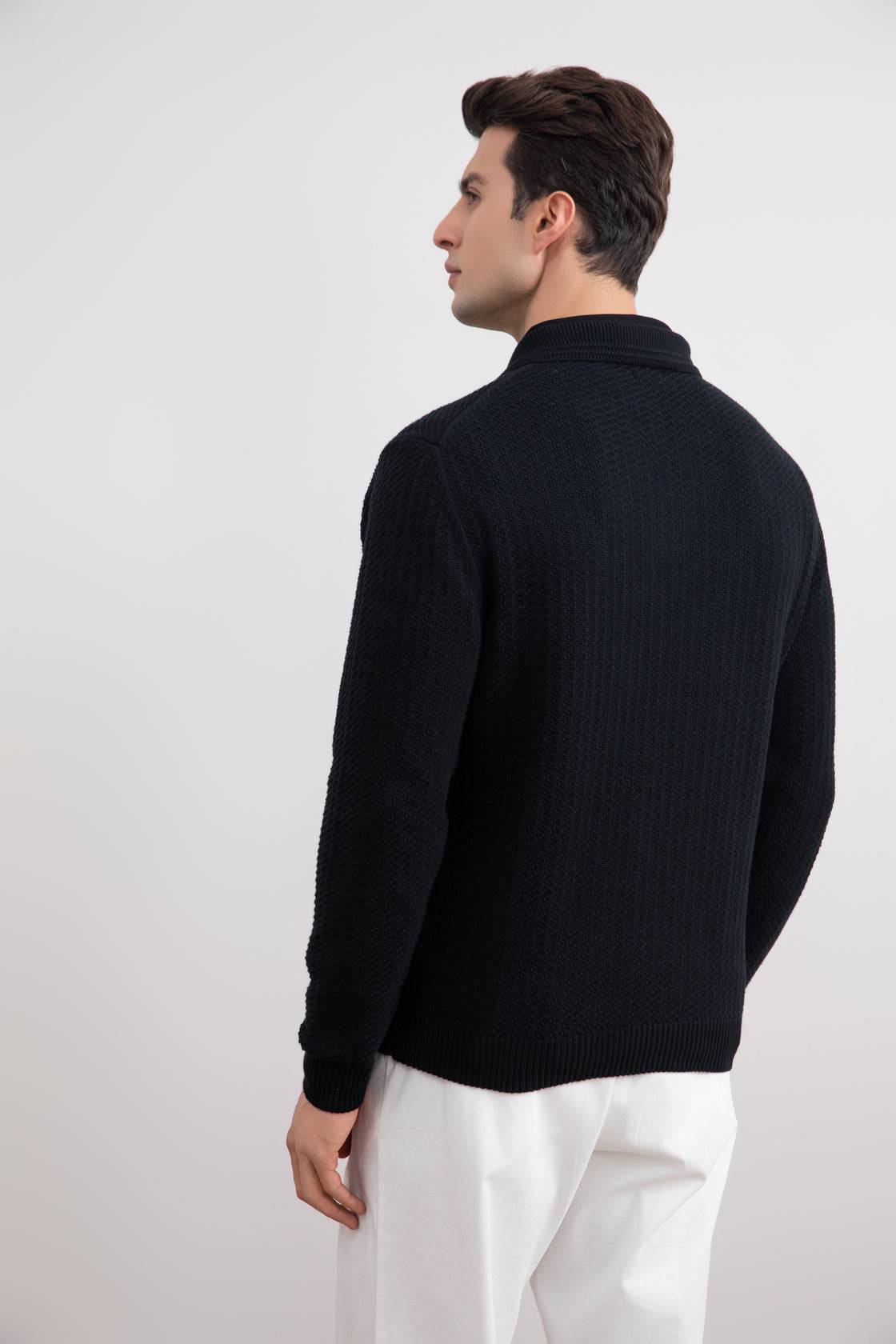 Black Textured Open Polo Sweater - Tour&Tate