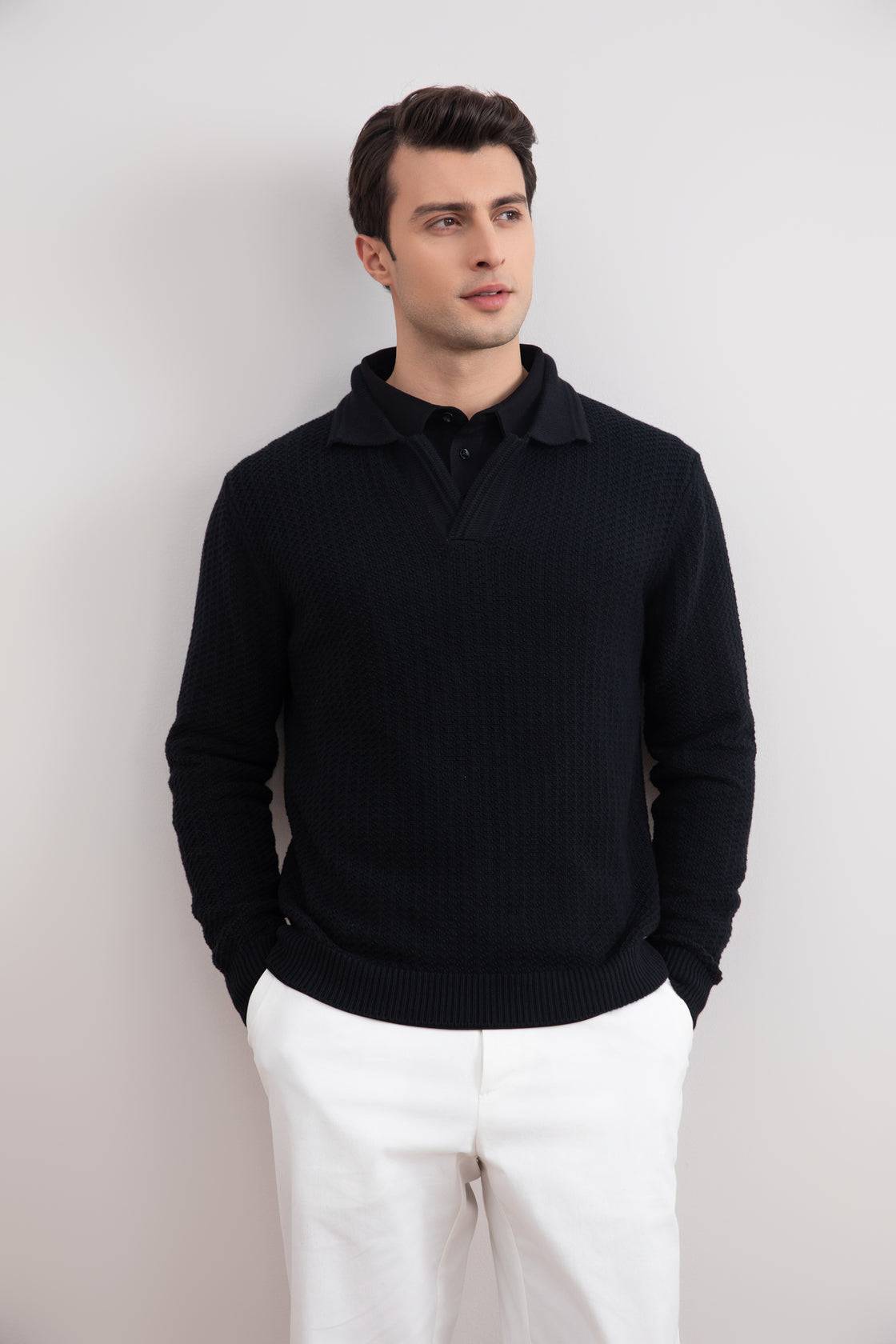 Black Textured Open Polo Sweater - Tour&Tate